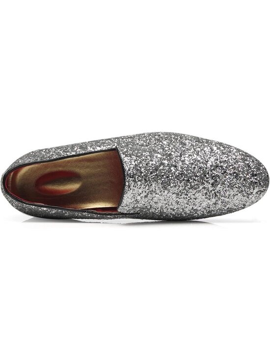 Men\'s Silver Leather Glitter Sparkly Loafers Slip On Tuxedo Formal Events Shoes